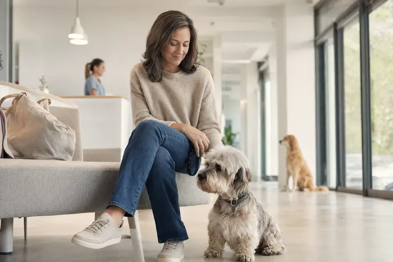 Ein Dandie Dinmont Terrier sitzt ruhig neben seinem Besitzer im hellen Wartezimmer einer modernen Tierarztpraxis.